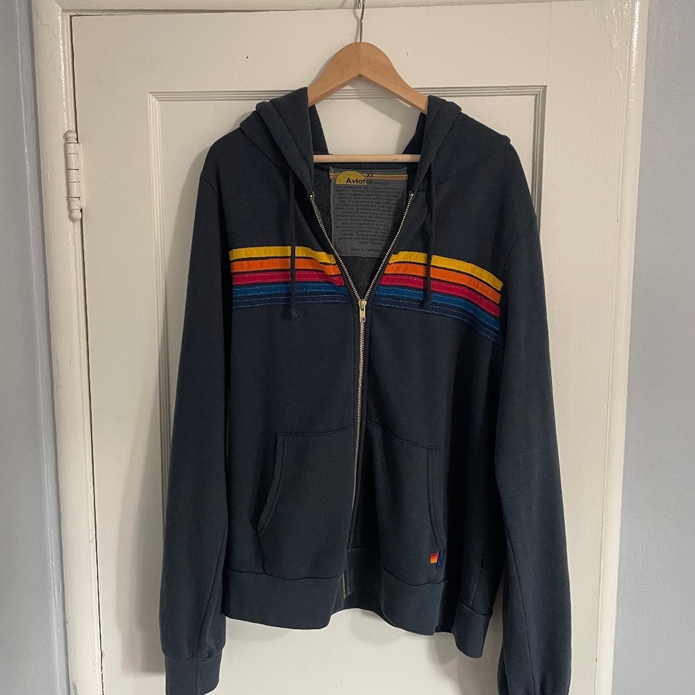 Aviator Nation 5 stripe zip hoodie charcoal (new) unisex size xl